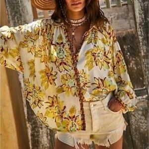 Free People Good Vibrations Yellow Sunflower Button Down Blouse Size Medium